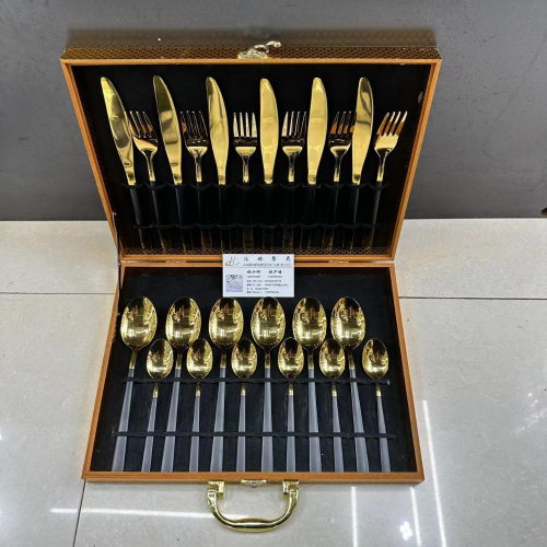 stainless steel tableware wooden box set of 24 small square head black gold knife， fork， spoon and tea spoon cross-border hot selling gift box set