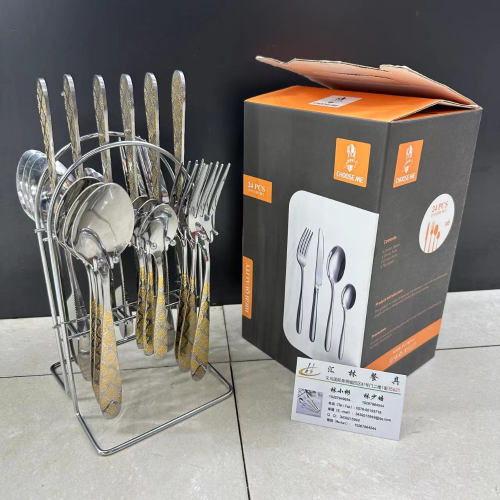 knife rack 24-piece set 2111# small round head gold-plated huawang meal knife， fork and spoon tea spoon hotel gift box set