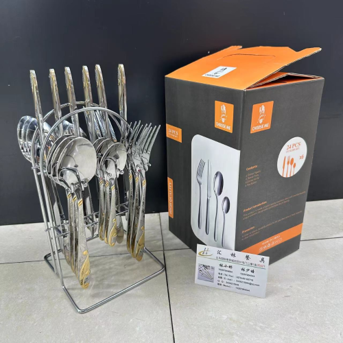 knife rack 24-piece set a30-d golden flower meal knife， fork and spoon tea spoon cross-border hot selling hotel gift box set