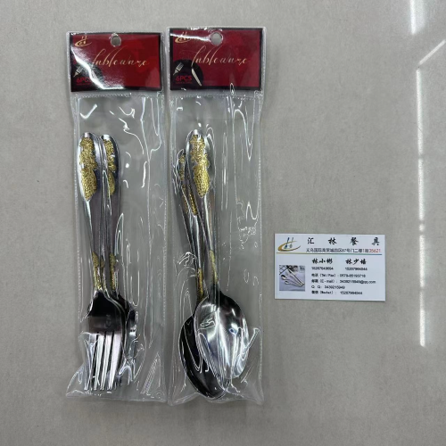 Middle East Africa Hot Selling Stainless Steel Tableware Thin Water Gold round Head A008 Large Fork Spoon Tea Spoon Tea Fork 6Pc Pack