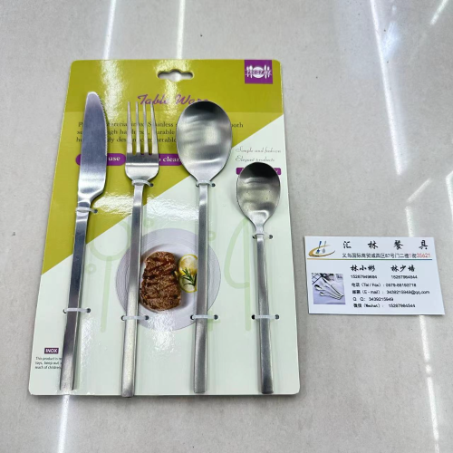 cross-border hot sale 304 stainless steel tableware set matte small square head dining knife big fork spoon tea spoon tie card 4-piece set