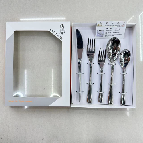 cross-border hot selling stainless steel tableware set high-end thickened large round head ins style knife， fork and spoon 5 main pieces white box set