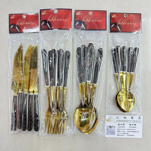 cross-border hot selling stainless steel tableware pattern porcelain handle knife， fork and spoon tea fork spoon fruit fork 6pcs/pvc bag