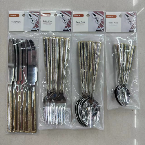 Cross-Border Hot Selling Stainless Steel Tableware JS Gold-Plated Small round Head Star Diamond Steak Knife Fork Spoon Tea Spoon 6Pc Wholesale Exclusive