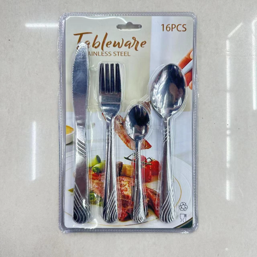 Cross-Border Hot Selling Stainless Steel Tableware Thin Suit Knife， Fork and Spoon Main Four Pieces 16Pc Double-Sided Suction Card Double Bubble Shell Series