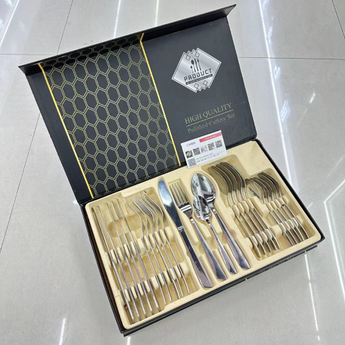 foreign trade hot selling stainless steel tableware set gold-plated laser oblique handle western steak knife， fork， spoon and tea spoon 24-piece set