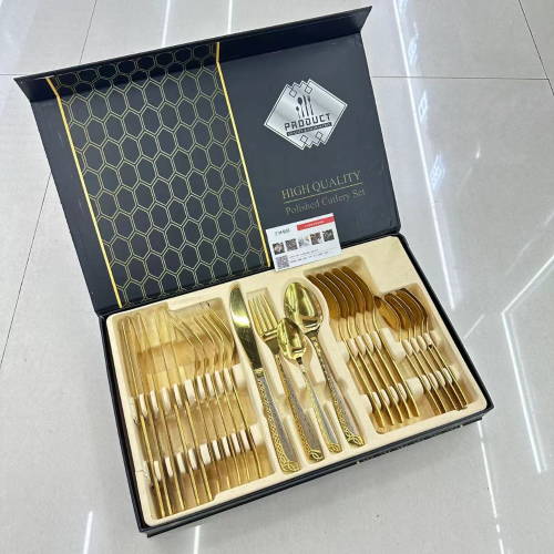 foreign trade hot selling stainless steel tableware set titanium laser 24-piece set of oblique handle western steak knife， fork， spoon and tea spoon