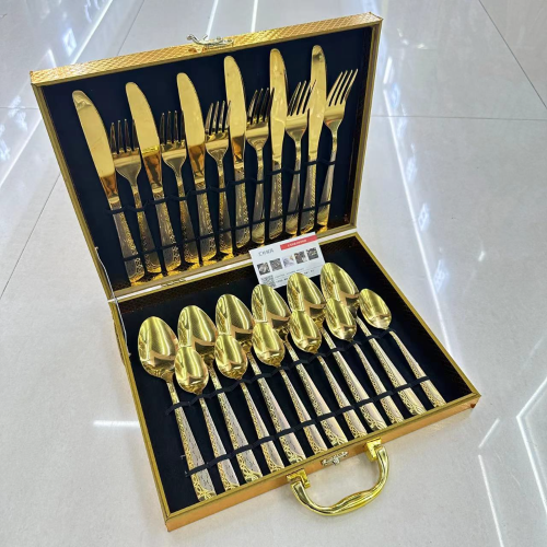 foreign trade hot sale stainless steel tableware set titanium laser oblique handle western steak knife， fork and spoon wooden box 24-piece set