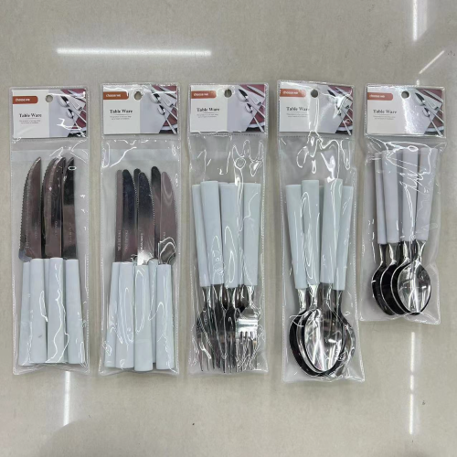 Foreign Trade Hot Selling Stainless Steel Tableware Low-Grade HC plastic Handle Steak Knife Meal Knife Fork Spoon Tea Spoon 6Pc Bags
