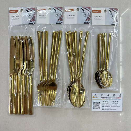 foreign trade hot selling stainless steel tableware titanium gold spray color knight western food steak knife meal knife fork spoon tea spoon 6pc bags