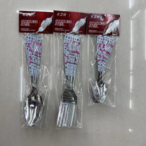 foreign trade hot selling stainless steel tableware low-grade thin 38g printed knife， fork， spoon， tea spoon 6pc order card wholesale exclusive