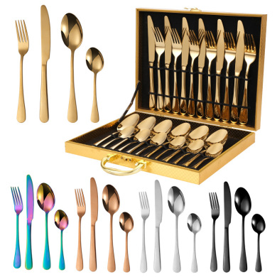 foreign trade hot selling stainless steel tableware 1010 large round head golden colorful steak meal knife， fork and spoon wooden box set of 24
