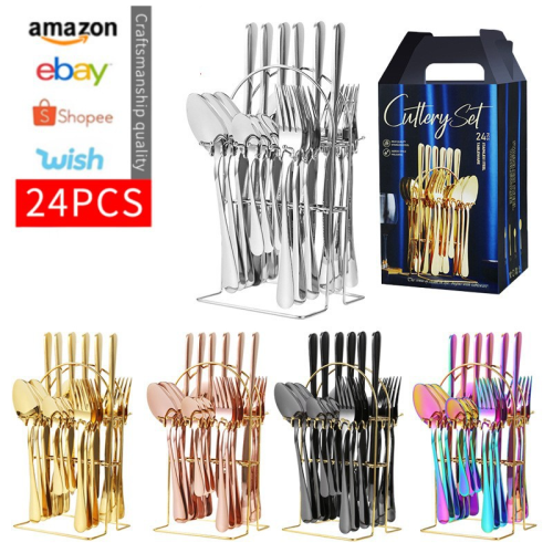 foreign trade hot selling stainless steel tableware 1010 large round head golden colorful steak meal knife， fork and spoon knife holder 24 pieces
