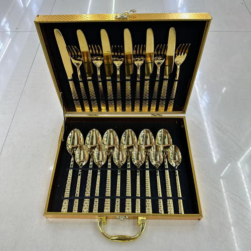 Foreign Trade Hot Selling Stainless Steel Tableware Square Handle Titanium Colorful Laser Steak Meal Knife， Fork and Spoon Wooden Box 24-Piece Set