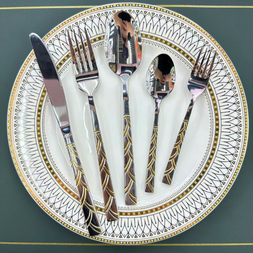 foreign trade hot selling non-magnetic stainless steel tableware js square handle gold-plated western food steak knife， fork and spoon tea fork spoon 6pc
