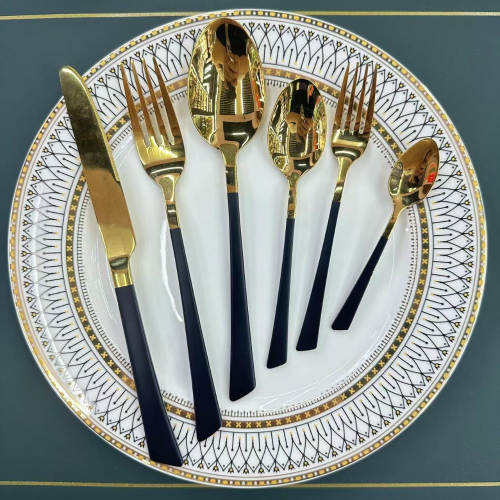 foreign trade hot selling non-magnetic stainless steel tableware jd oblique handle gold-plated laser western food steak knife， fork and spoon tea spork 6pc