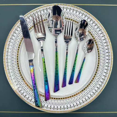 foreign trade hot selling non-magnetic stainless steel tableware jd oblique handle gold-plated laser western food steak knife， fork and spoon tea spork 6pc
