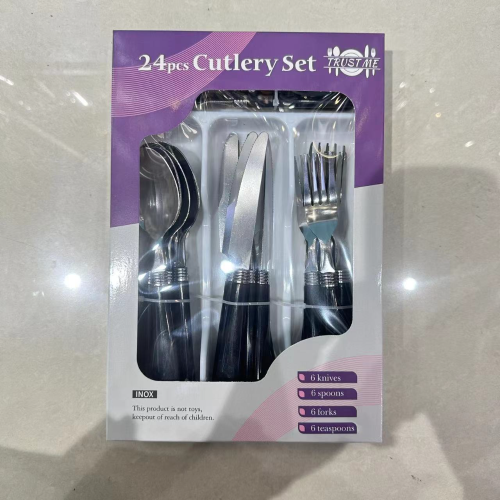 foreign trade hot selling stainless steel tableware set purple package color plastic handle 24-piece set western steak knife fork spoon