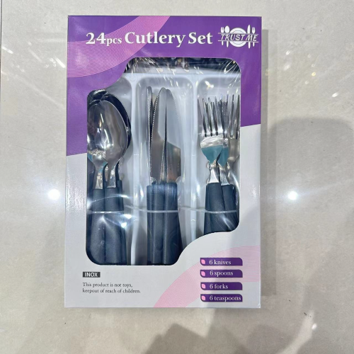 foreign trade hot selling stainless steel tableware set purple package color plastic handle 24-piece set western steak knife fork spoon