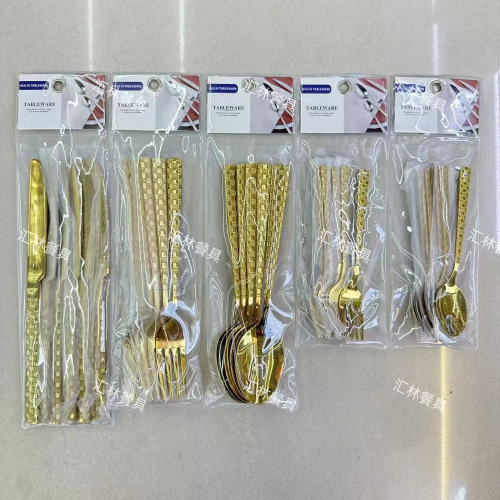 foreign trade hot selling stainless steel tableware golden light handle colorful series western food steak knife fork spoon tea spoon 6pc