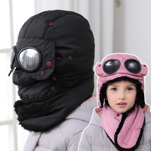 cross-border children‘s lei feng cap winter cycling skiing fleece-lined warm hat children‘s scarf integrated detachable wind-proof cap