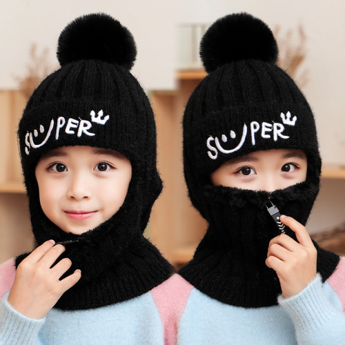 children hat children‘s autumn and winter outdoor fleece-lined earflaps warm scarf integrated boys‘ winter windproof woolen knitted hat