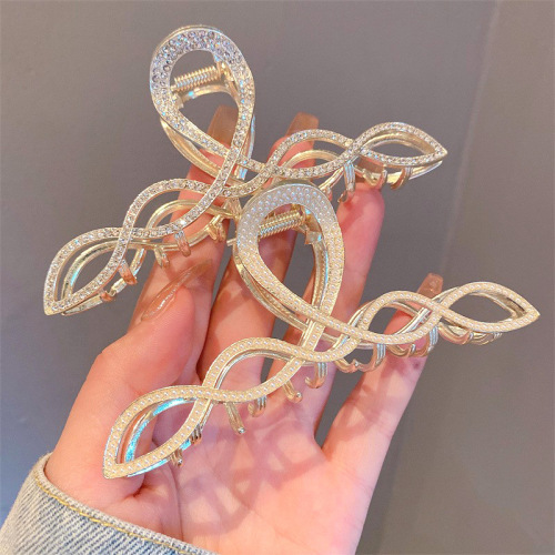 新款金属满钻发夹韩国ins珍珠交叉线条抓夹大号鲨鱼夹子发饰发卡