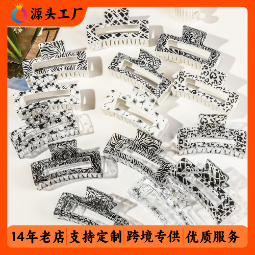 跨境热转印黑白发夹简约盘发印花抓夹鲨鱼夹子发饰批发