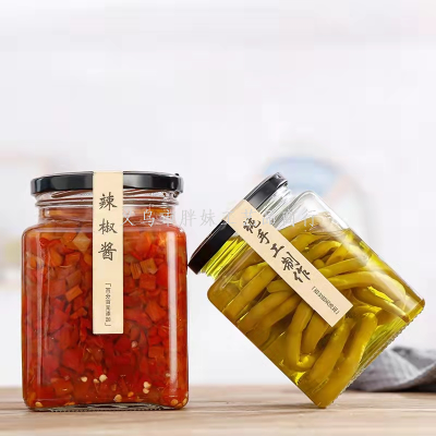 Glass Bottle with Lid Honey Canned Chili Pickles Bottles Hexagonal Hexagonal Food Transparent Small Empty Sealed Jar