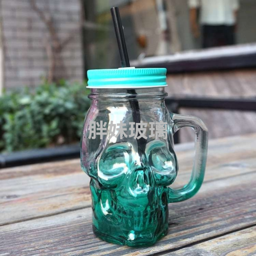 彩色玻璃创意渐变色骷髅头梅森玻璃水杯带吸管饮料杯批发