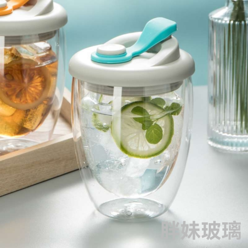亚马逊跨境专供双层隔热咖啡杯带硅胶盖果汁透明玻璃蛋型杯随手杯