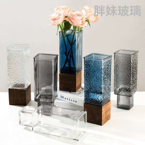 简约创意方形木托玻璃花瓶插花轻奢摆件餐桌客厅卧室高级感批发
