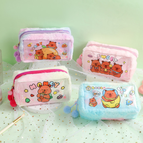 跨境卡通小熊铅笔袋儿童大容量文具口红收纳包PVC流沙毛绒化妆包