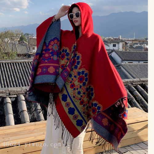 Ethnic Style Hooded Cape and Shawl Women‘s Travel Vacation Wear Match Photo Red Flower Cloak Thickened Warm Outer Wear