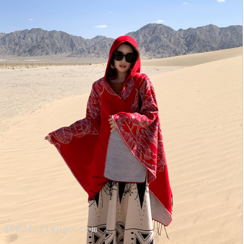 Wholesale Cape and Shawl Wings Pattern Travel Warm Wear Matching Hat Scarf Cloak Live E-Commerce Supply