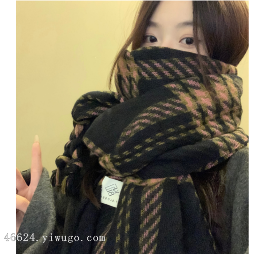 plaid tassel scarf for women autumn and winter 2023 new korean style all-matching thickened warm shawl dual-use christmas gift