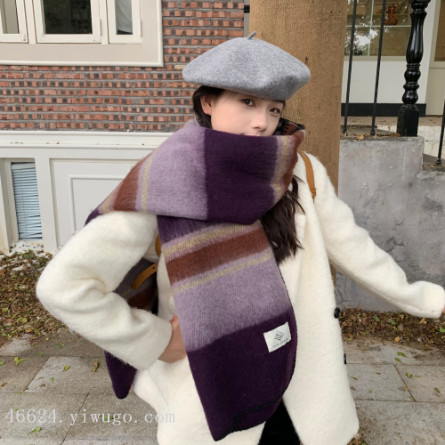 french horizontal plaid high-grade mohair scarf for women autumn and winter atmosphere thermal long bib shawl dual-use men