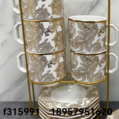 6 Cups 6 Plates Coffee Set Ceramic Soup Pot Single Baking Tray Set with Gold Shelf Color Box Packaging Stone Pattern Black