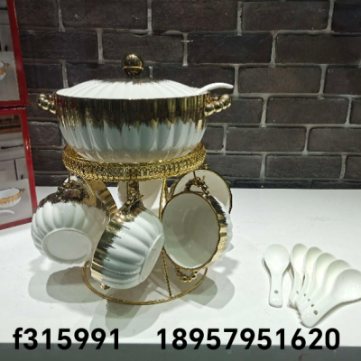 Soup Pot Single Ceramic Soup Pot Single Baking Tray Set Soup Pot with Gold Shelf Color Box Packaging Stone Pattern Black
