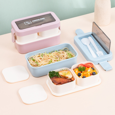 Double Layer Lunch Box Students with Tableware Compartment Heated Bento Box Office Workers Portable Lunch Box