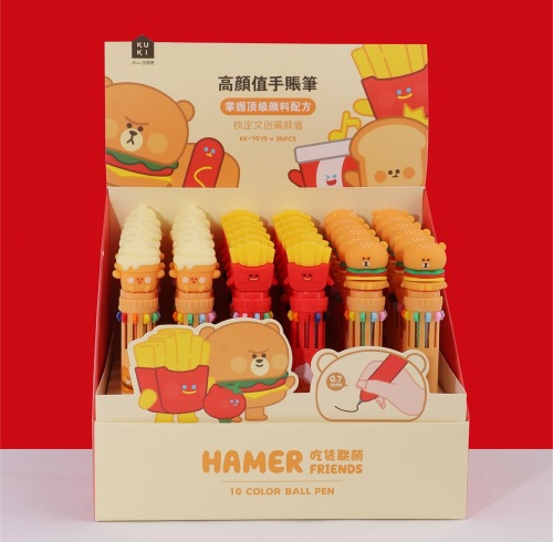 可奇家10色圆珠笔创意多色按动圆珠笔学生文具卡通彩色手账记号笔
