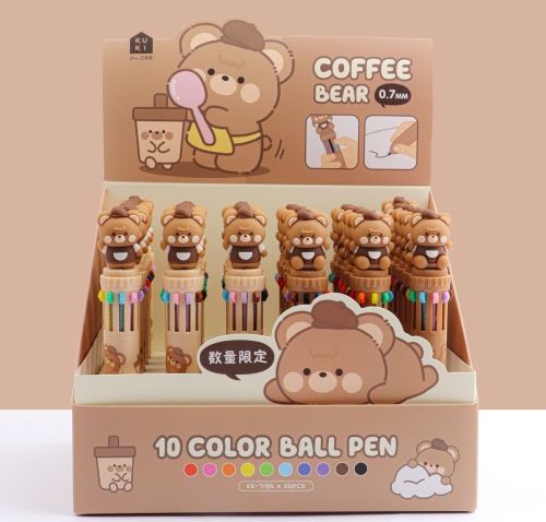 可奇家10色圆珠笔创意多色按动圆珠笔学生文具卡通彩色手账记号笔