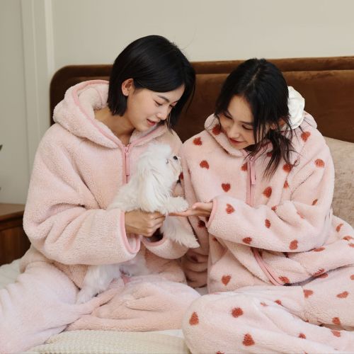 thick hooded warm velvet pajamas set winter warm fleece-lined thickened loungewear pocket zipper can be worn outside women
