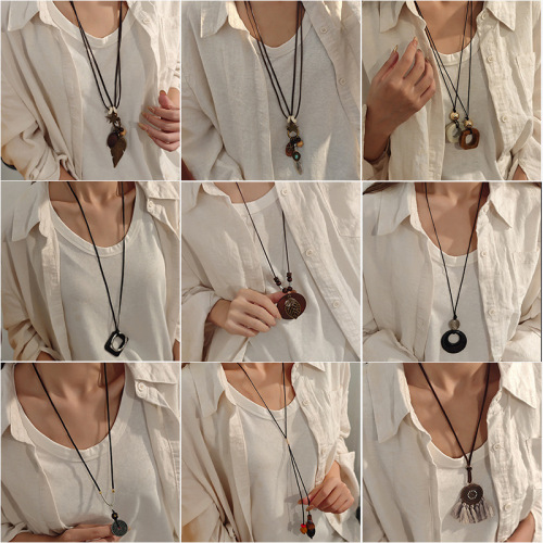 retro bohemian ethnic style leaves long hollow geometry clavicle chain zen style versatile personality sweater chain