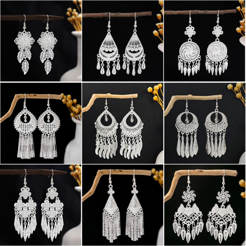 retro miao silver ethnic minority style exaggerated earrings bohemian style personalized flower earrings long fringe earrings