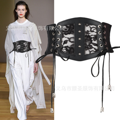 新款蕾丝女士宽腰带弹力双绑带束腰装饰连衣裙松紧双荷叶边腰封黑