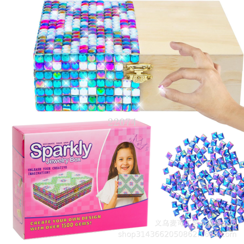 cross-border colorful flat diamond box diamond beaded jewelry storage box children‘s puzzle wooden box handmade diy material package