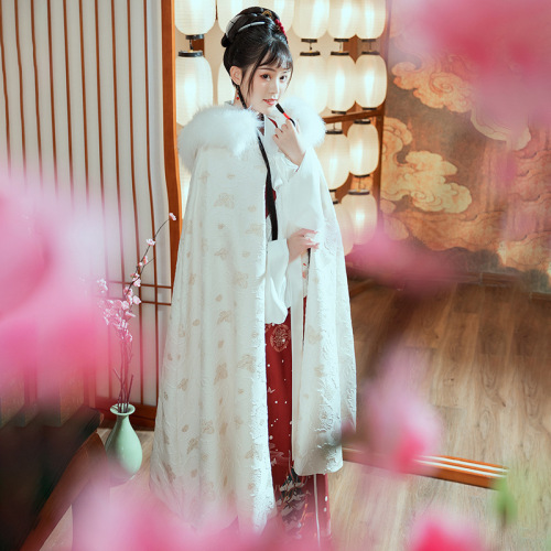 chinese style winter clothes fleece-lined thickened jacquard dark pattern hanfu cloak fairy big fur collar warm cloak women‘s coat