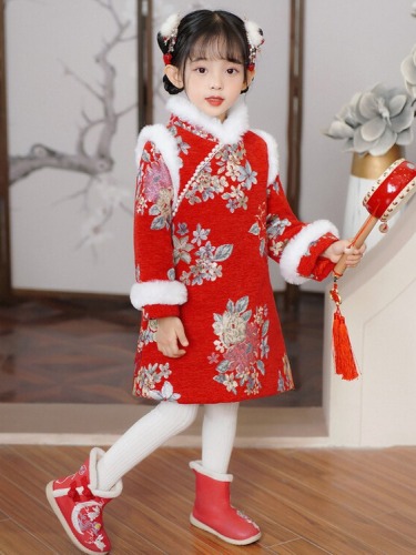 girls‘ cheongsam winter children‘s ancient style hanfu autumn tang suit girls‘ ancient costume republic of china style dress new year greeting dress