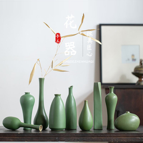 jingdezhen factory wholesale ceramic small vase zen chinese style home decoration simple dried flower and flowerpot green